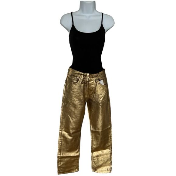 STRADIVARIUS Straight Fit Pants Jeans Coated In Gold Color Cotton Size 2. - Picture 1 of 8